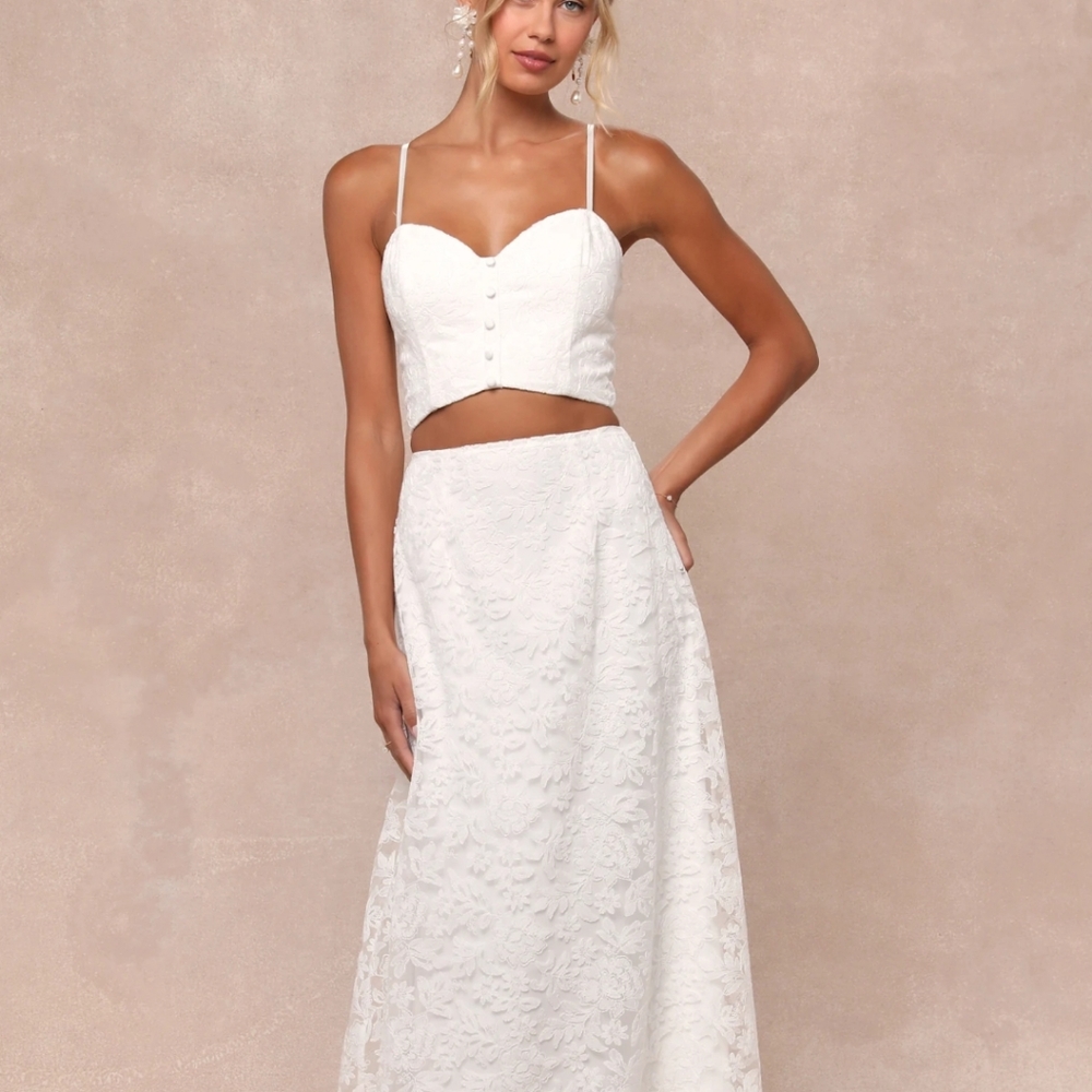 Wonderfully Yours White Tulle Embroidered Two-Piece Maxi Dress